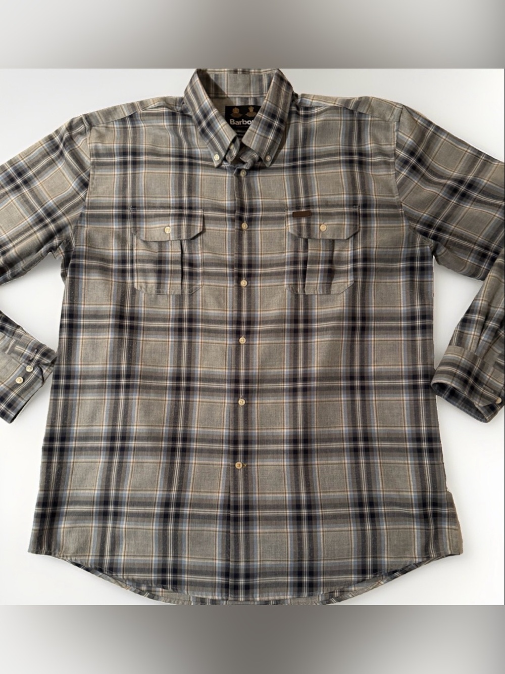 Barbour Flannel Shirt Mens 2XL Gray Check Paid Pattern Regular Fit Button Up